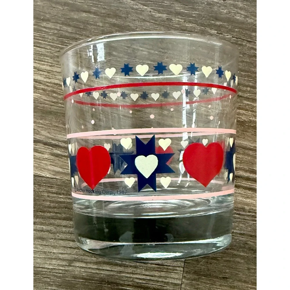 Vintage Anchor Hocking 1987 Patriotic Hearts Stars Red White Blue Tumbler Glass